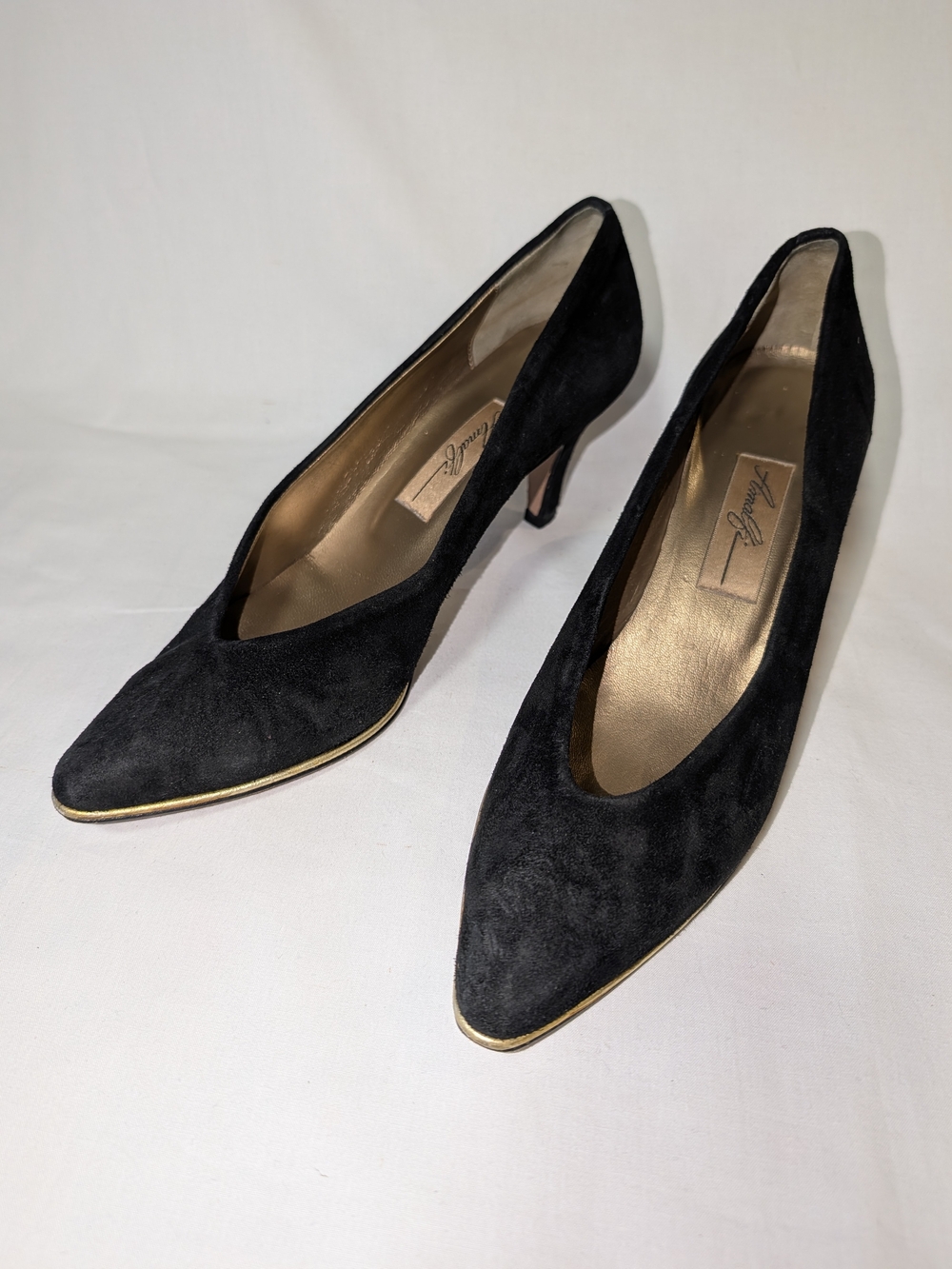 Amalfi Black Suede Pointed-Toe Heels With Gold Trim